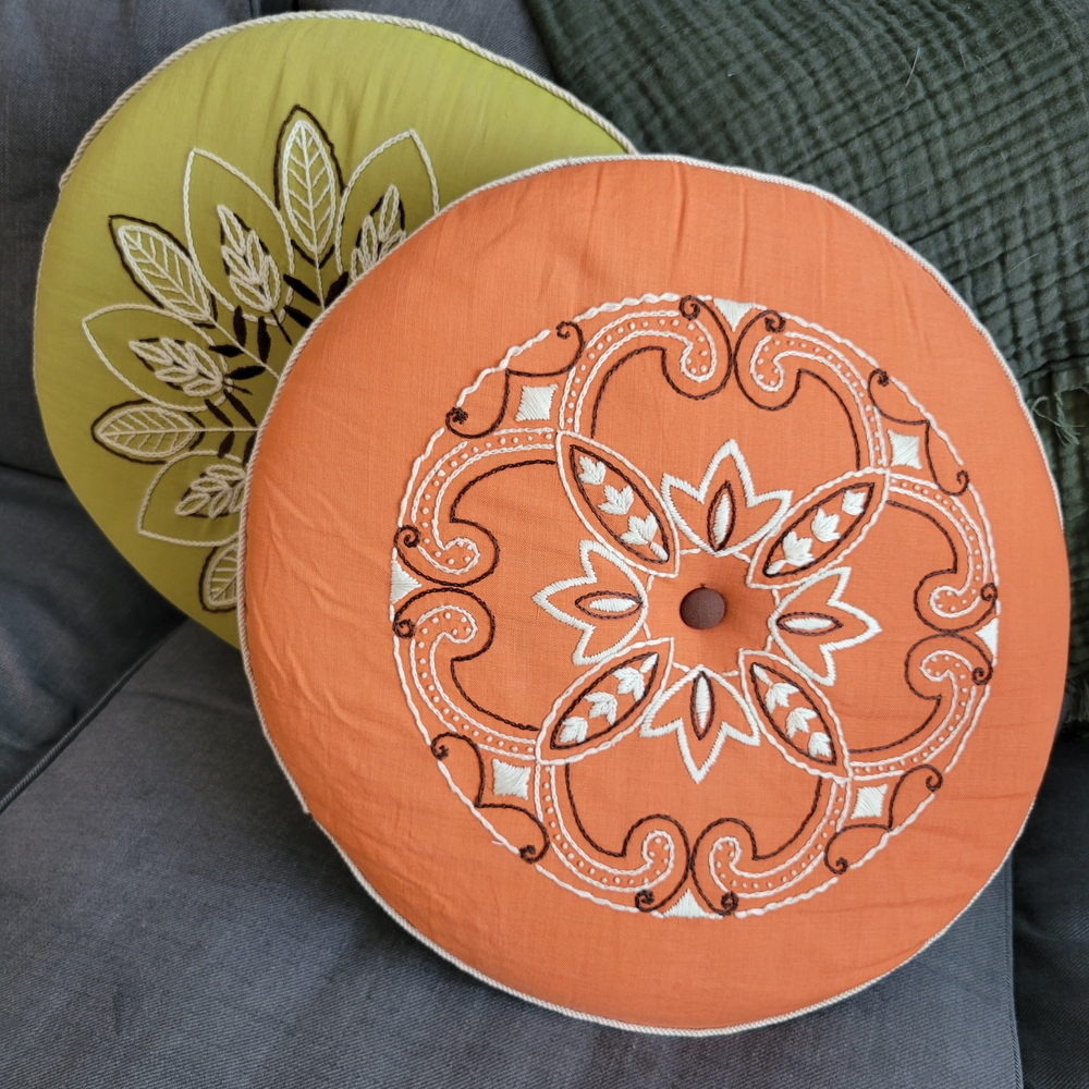 Vintage Embroidered Orange and Green Round Cushions